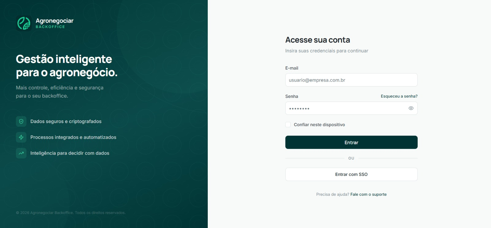 Tela de login do AgroNegociar Backoffice